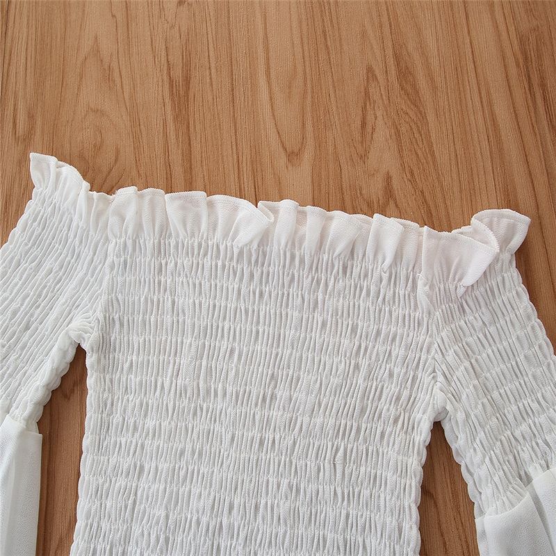 Grenzüberschreitende Kinderkleidung für Kinder im Frühlings- und Sommerstil, modischer Chiffon-One-Shoulder-Trompetenärmel-Top-Jeansrock-Mädchenanzug_voghion.com