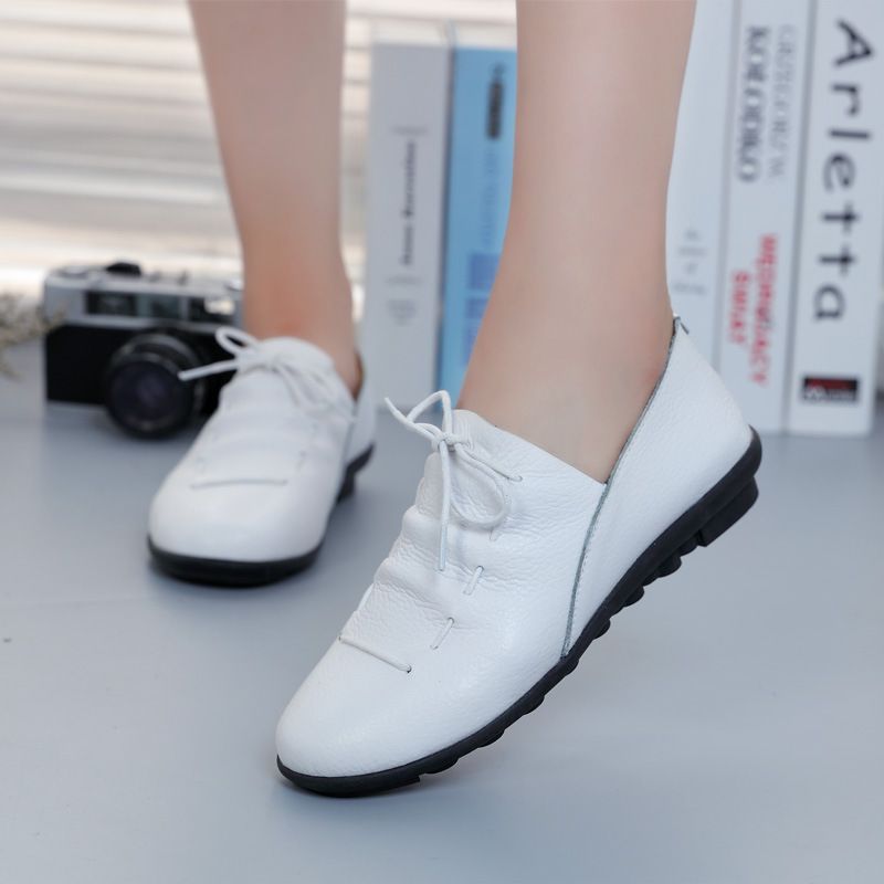 2025 Echtes Leder Atmungsaktiv Vielseitig Schnüren Casual frauen Flache Loafers Moccas_voghion.com