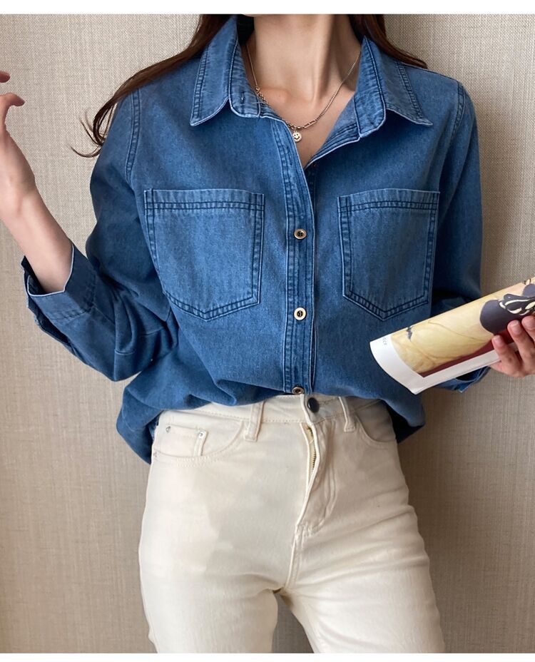 Vintage Jeanshemd im Hong Kong-Stil für Damen – Retro-blaues Oversized-Button-Down-Shirt mit klassischem Kragen, Freizeit- und Bürokleidung_voghion.com