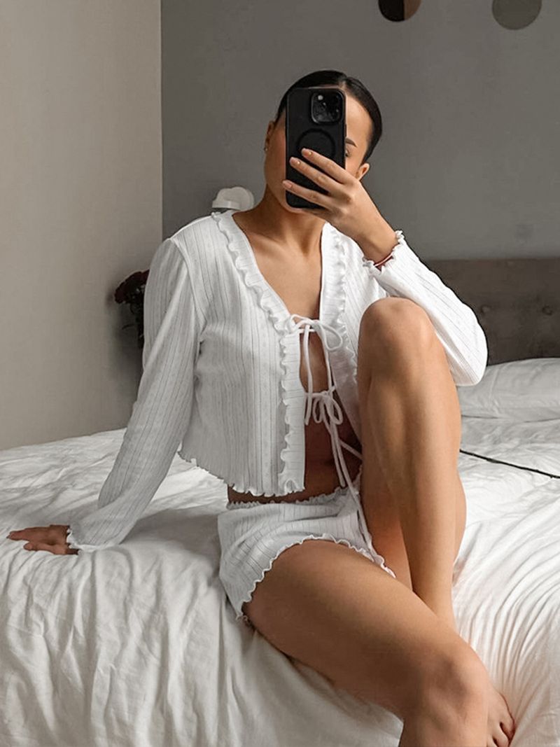Women's Sleepwears Lace Collar Long Sleeved Shorts Pajamas Set New Lace Pajamas Home Clothes_voghion.com