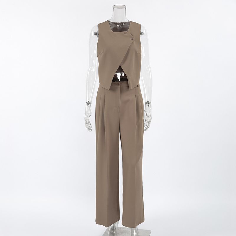 Damenbekleidung Lässiger Khaki-Mode-Temperament Ärmellose Weste Hosenanzug Frühling und Sommer All Match Hohe Taille Zweiteiliger Anzug für Frauen_voghion.com