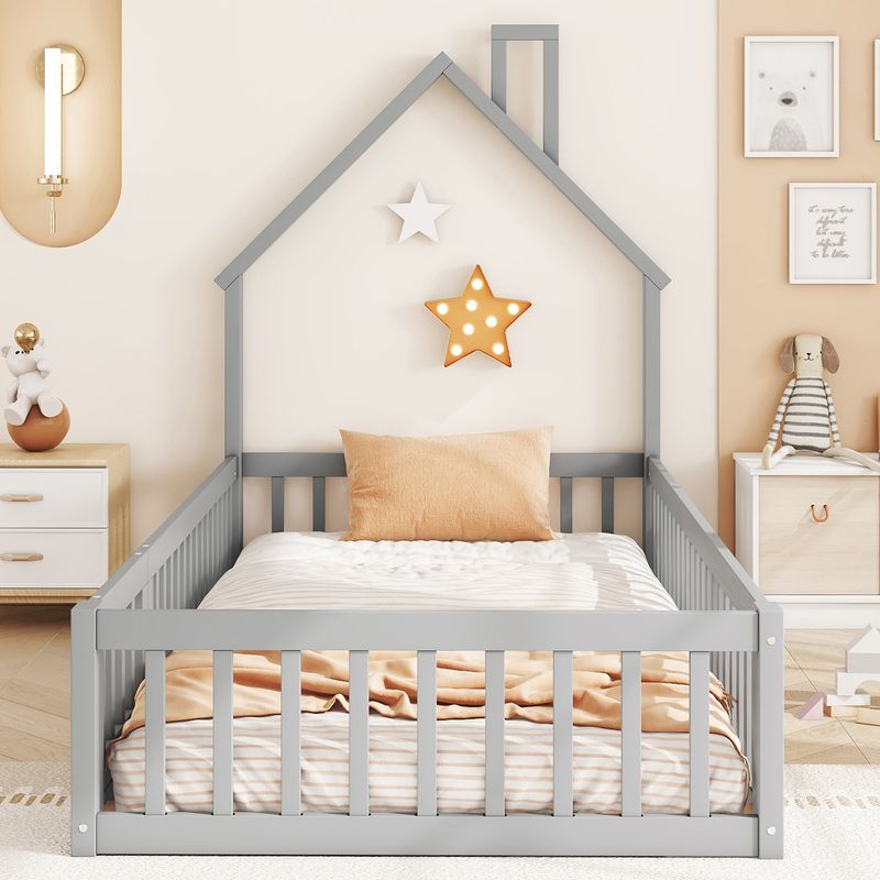 Hausbett 90x200cm in Schornsteinform, Kiefernholz, Grau_voghion.com