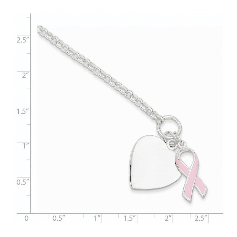 Sterling Silver Fancy Engraveable Heart With Pink Ribbon Bracelet_voghion.com
