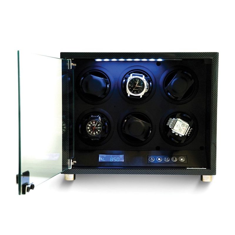 Carbon Fiber Finish Glass Door Leather Lined Locking 6-Watch Winder (AC Powered)_voghion.com