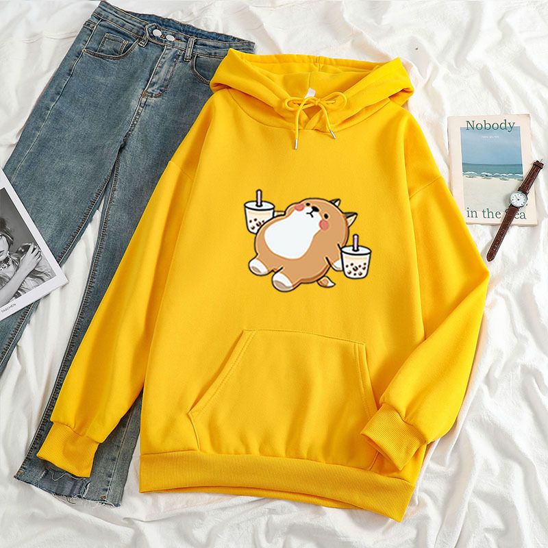 2021 Herbst Winter Neue Lose Damenbekleidung Ästhetische Darstellung Shiba Inu Trinkmilchtee Kapuzenpullover_voghion.com
