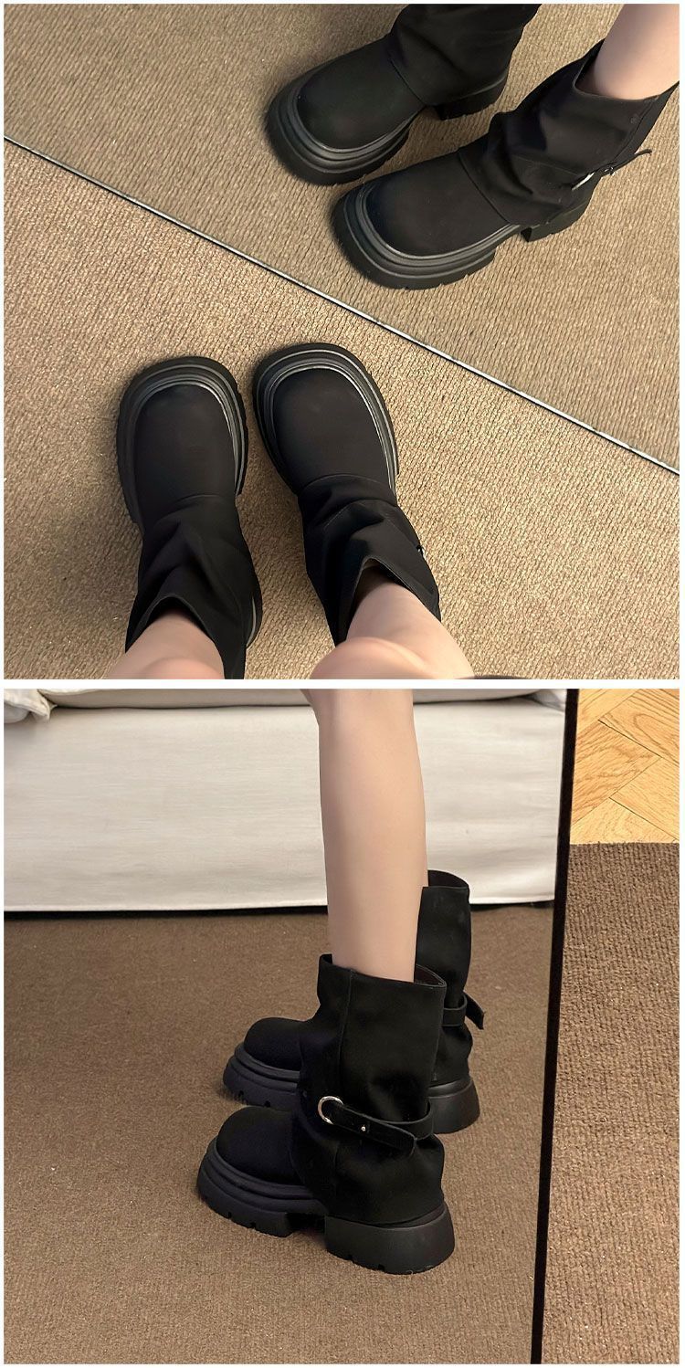 ShoeGlobe 2025 Retro Dicke Sohle Kurze Herbst Winter Neue Martin Western Style Höhersetzende Slim-Fit Denim Stiefel_voghion.com