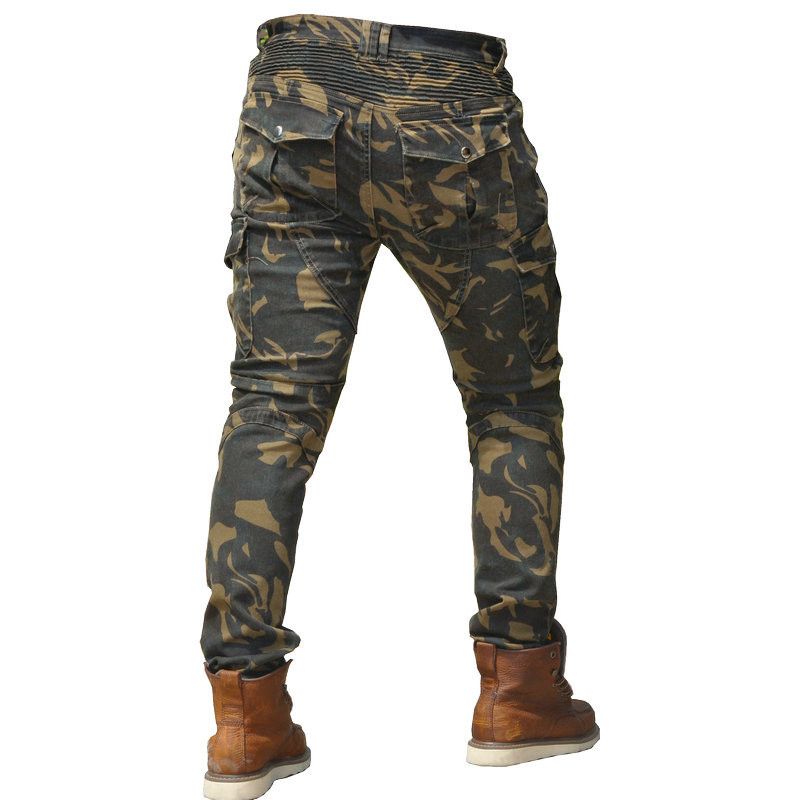 Jeans da motociclista classici mimetici da uomo – Pantaloni in denim elasticizzato per tutte le stagioni con protezione per le ginocchia e misto cotone traspirante (ATM-8, mimetico)_voghion.com