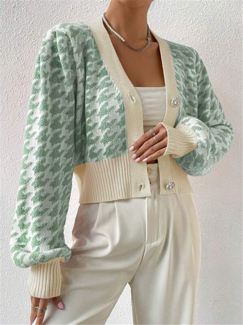 Dameskleding herfst en winter patroon lantaarn mouw gebreide cardigan trui korte jas_voghion.com