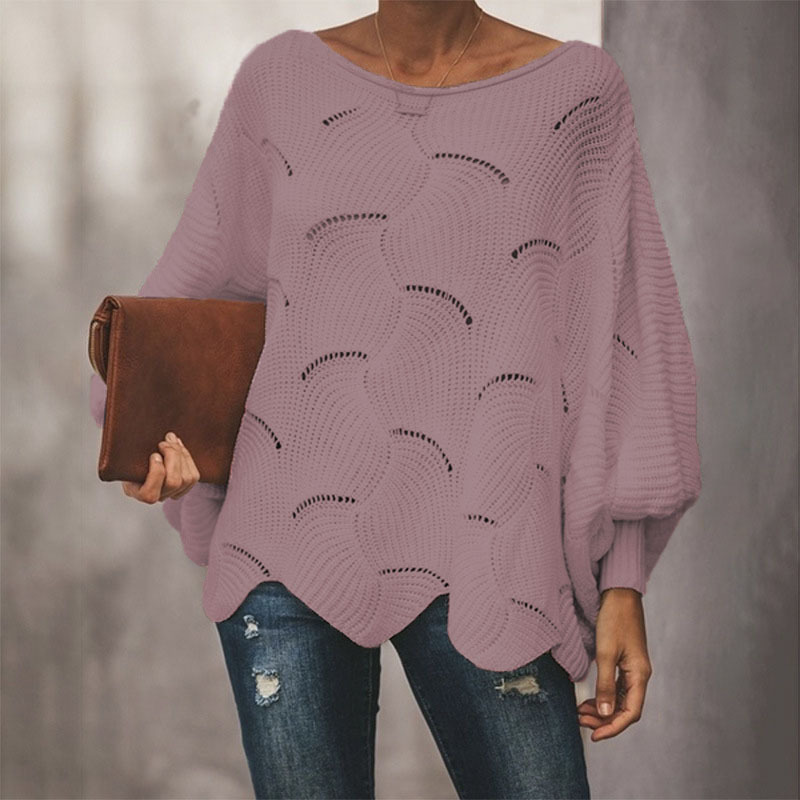 Unregelmäßiger lockerer Pullover mit Fledermausärmeln und ausgehöhltem Pullover für Damen_voghion.com