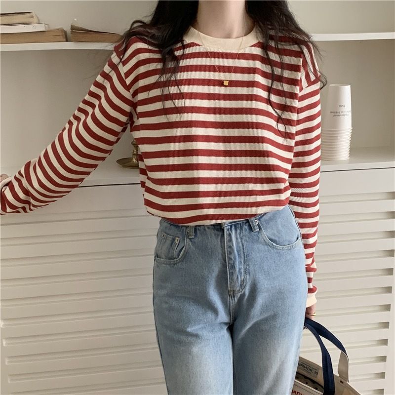 Maglietta a maniche lunghe con base a righe color-block per donna, elegante e casual, per l'inizio dell'autunno, per il pendolarismo_voghion.com