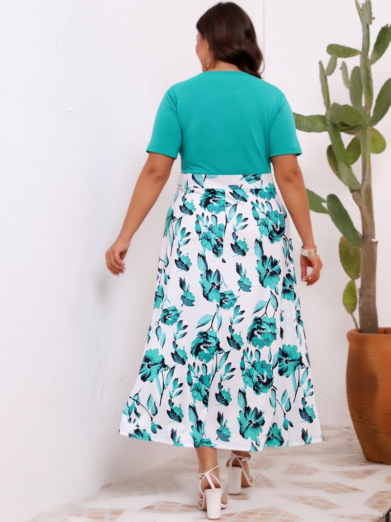 Damenbekleidung in Übergröße, elegant, bedruckt, mit Nähten, Rundhalsausschnitt, Taille, großes Swing-Kleid_voghion.com