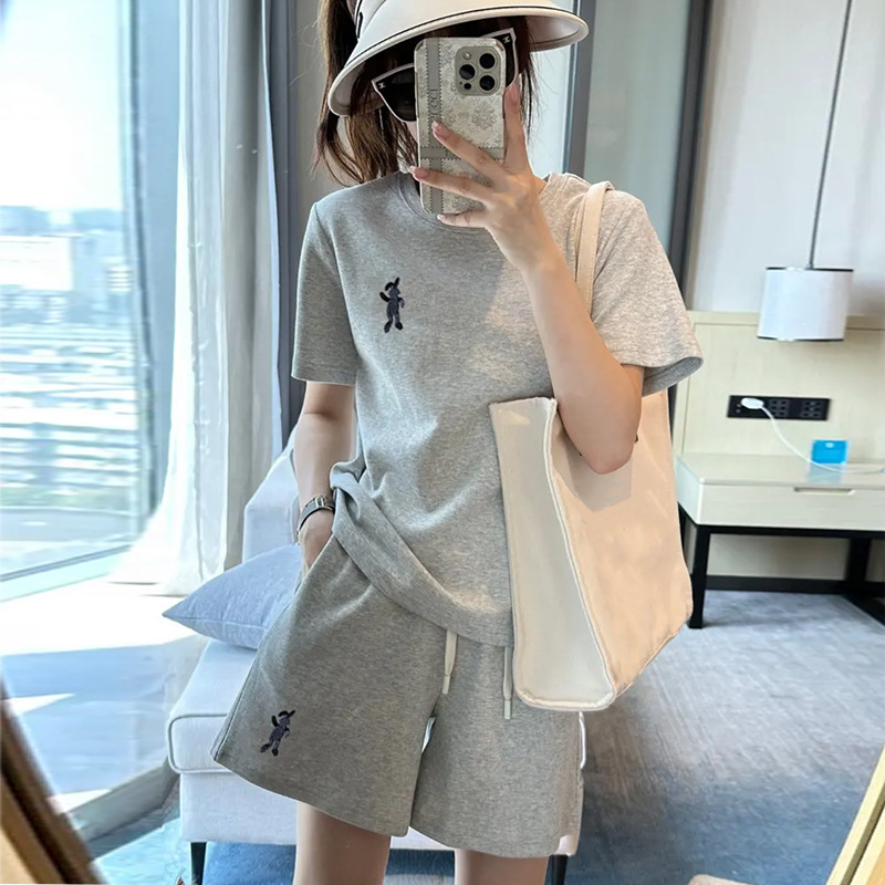 Ensemble deux pièces de sport pour femme, coupe ample, grande taille, style coréen, manches courtes, décontracté, course à pied, nouvelle collection été 2025_voghion.com