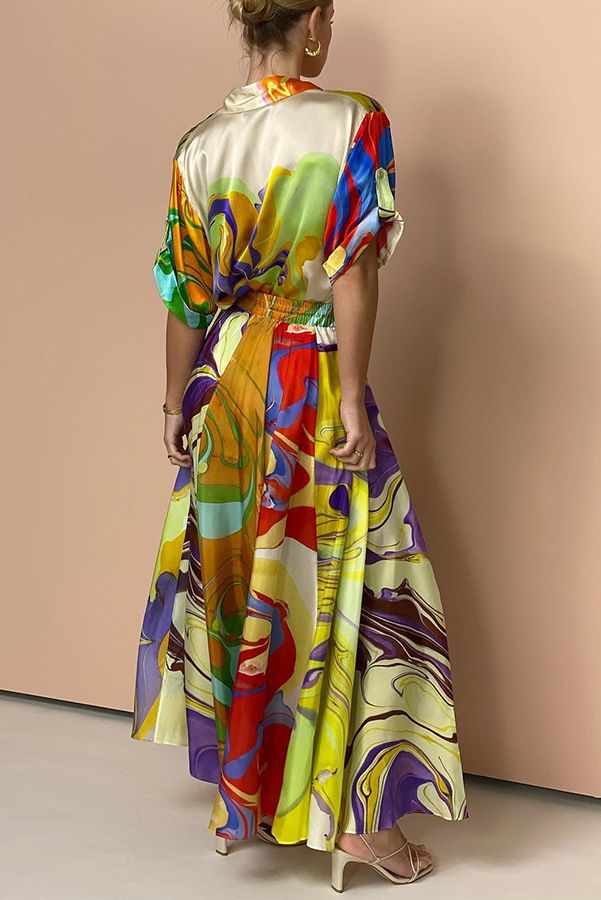 Silk Shirt Skirt Fashion Casual Printed Three Quarter Sleeve Top Two Piece Suit_voghion.com