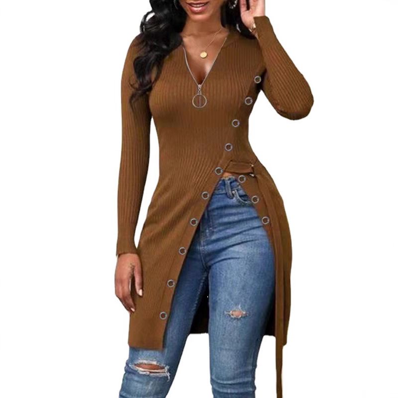 Maglietta a maniche lunghe con scollo a V e cerniera a coste, spacco alto, autunno inverno 2025 da donna_voghion.com