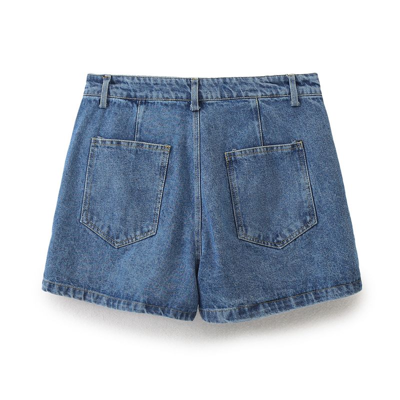 Damenbekleidung Kurzes Jeanshemd Zweireihiger Jeansrock Hosenanzug_voghion.com