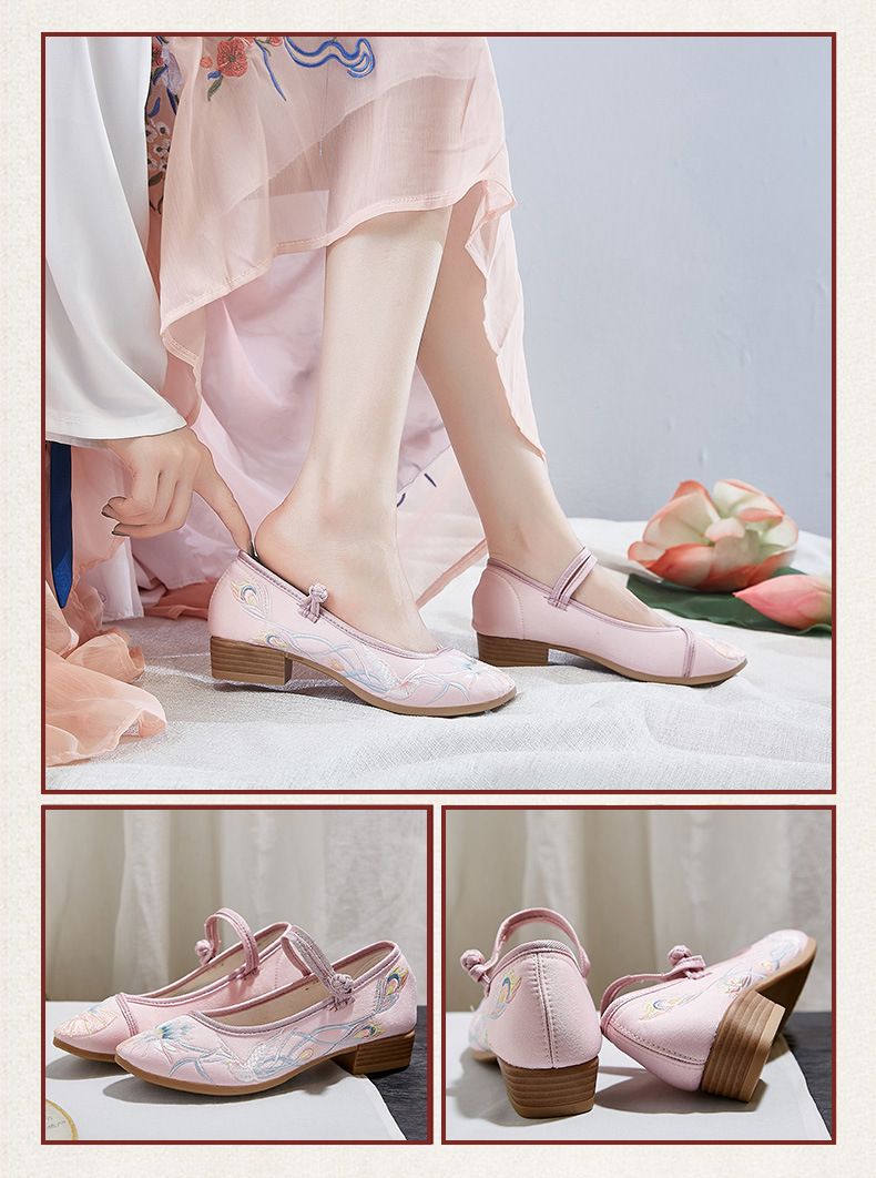 Holzsohle Quadratisch gemustert Besticktes Tuch Damen Flachmund Tanzschuhe Modische Spitzschuh_voghion.com