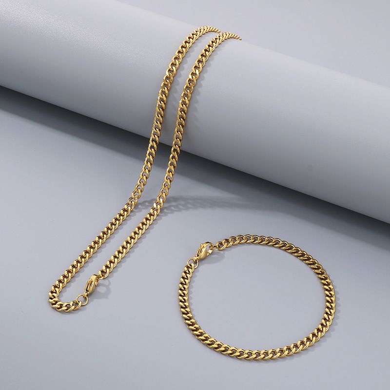 Titanium Double-Sided Polished Chain Multi-Size Stainless Steel Bracelet Necklace Set Accessories_voghion.com