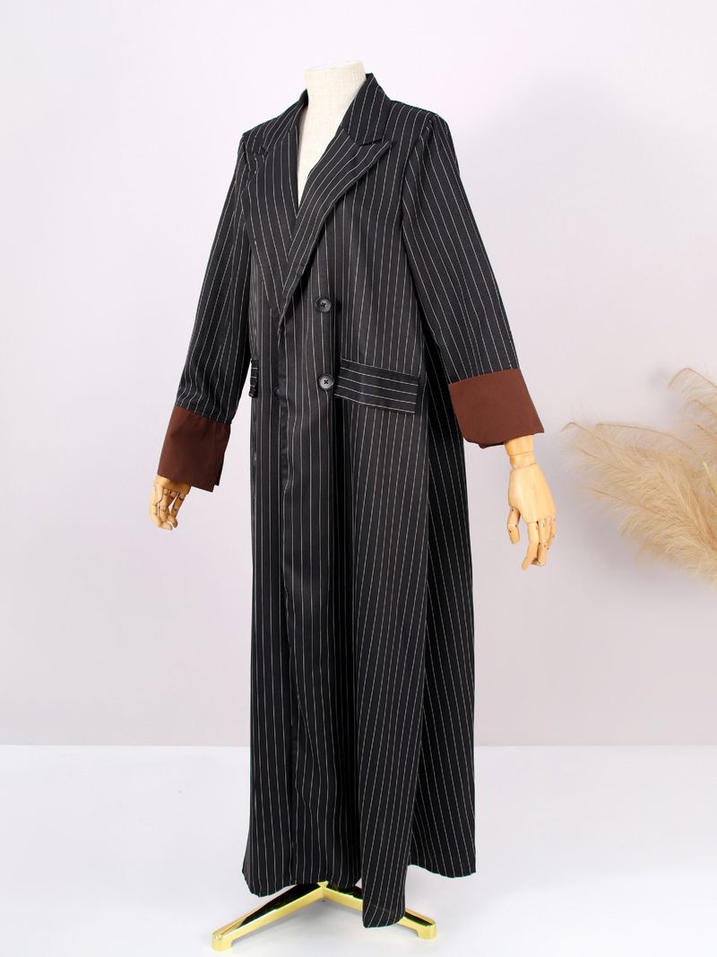 Damenbekleidung Elegantes gestreiftes Abaya-Kleid – schlichter langärmliger Kaftan mit Knopfleiste vorne für Arbeit und Reisen_voghion.com