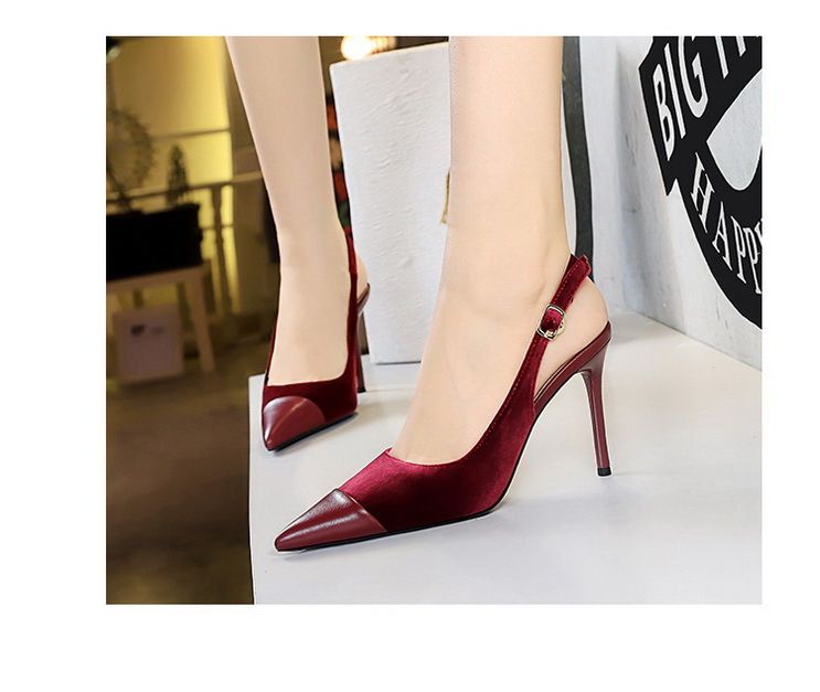 High-heeled women's shoes light velvet with thick suede splicing pointe back hollow back strap single shoes_voghion.com