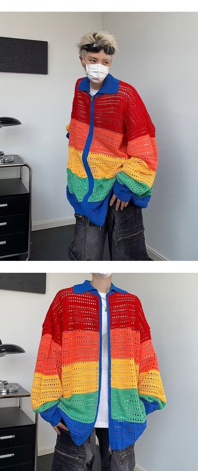 Herrenbekleidung Pullover Herren Frühling und Herbst Trendy Marke Dopamin Gestreifte Jacke Hohl Reißverschluss Strickjacke Lose Regenbogen Mantel_voghion.com