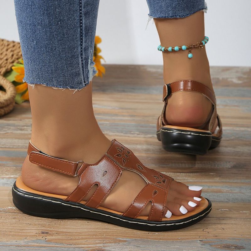 Sandali con bocca di pesce in velcro, larghi e piatti, casual, antiscivolo, per donna, 2024, nuovi, tinta unita_voghion.com