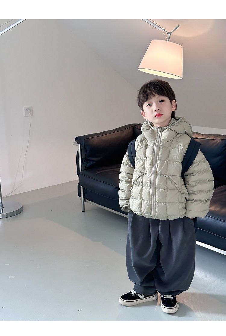Boys' Winter Puffer Jacket – Thickened Polyester Shell, Fleece-Lined, Hooded Coat (110-160cm, Black/Green/Khaki, B-Class Safety, Casual Style)_voghion.com