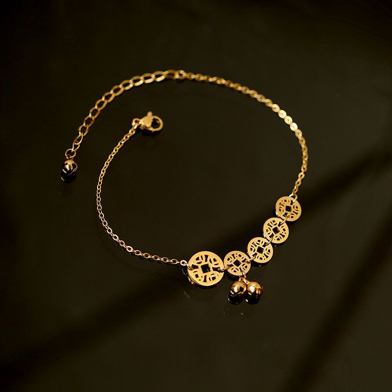 Bell Five Emperor Women's Brass Gold-plated Simple Fashion Antique Net Red Coin Anklet_voghion.com