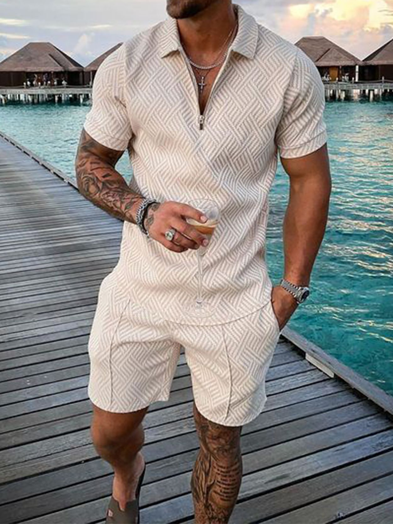Lässiges bedrucktes Kurzarm-Poloshirt-Set für Herren, Sportbekleidung, bequem, atmungsaktiv, Reißverschluss am Hals, T-Shirt und Poloshirt_voghion.com