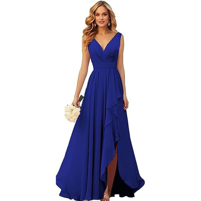 Abito da sera in tessuto di chiffon, nuovo abito lungo da ballo con scollo a V e spacchi plissettati_voghion.com