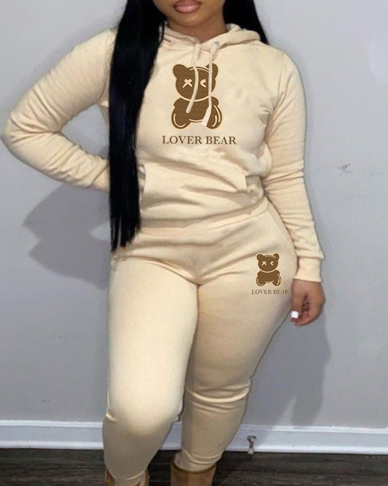 Women's Clothing suit hooded sweatshirt and sweatpants color matching bear print suit_voghion.com