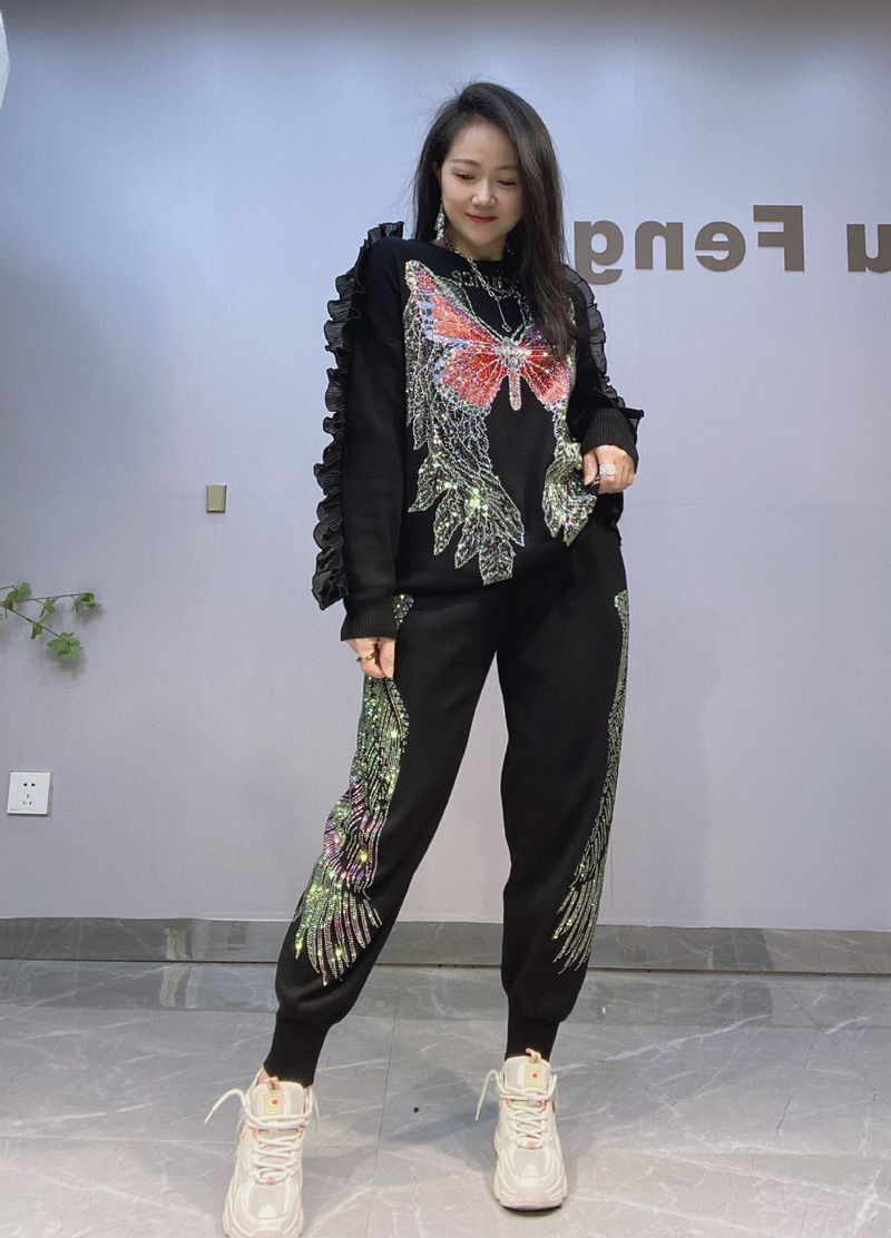 Gebreide damestrui Damesmode Hoogwaardige dameskleding Lange mouwen en broek Tweedelige set_voghion.com