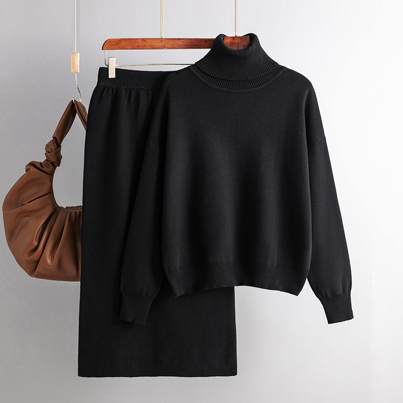 Women's clothing Solid color turtleneck sweater half-body hip-hugging skirt two-piece set knitted suit for women_voghion.com
