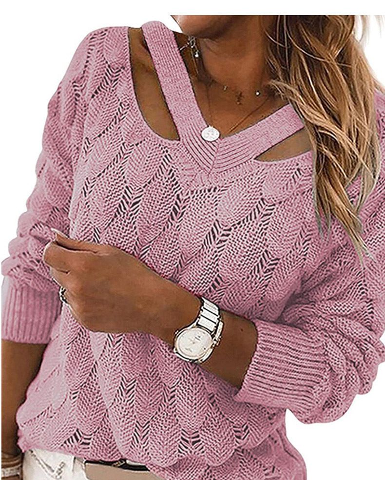 Maglione lavorato a maglia con scollo a V e spalle scoperte, nuovo modello 2025, da donna, autunno inverno_voghion.com