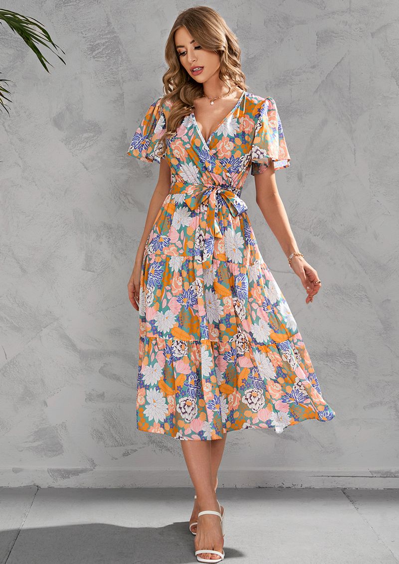 Abito estivo da donna con stampa, scollo a V, lunghezza vita, maniche corte_voghion.com