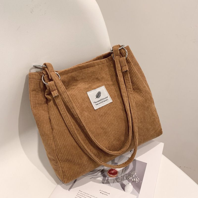 Canvas Bag Women's One-shoulder Korean-style ins Vintage Simple Artistic Corduroy Laid-back Style Large Capacity Portable Shopping Bag_voghion.com