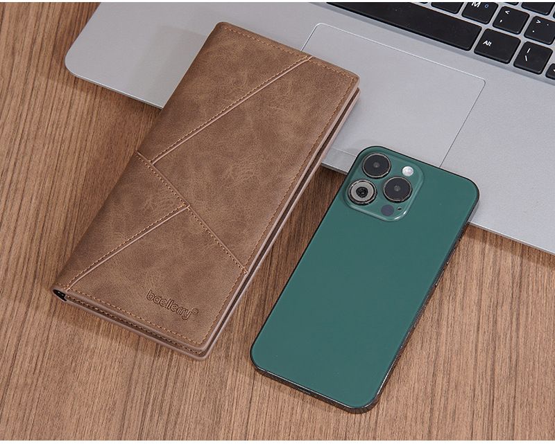 BAELLERRY New Men's Long Wallet With 17 Card Slots, Tri-Fold Design, Minimalist Business Style, Zippered Bill Compartment_voghion.com