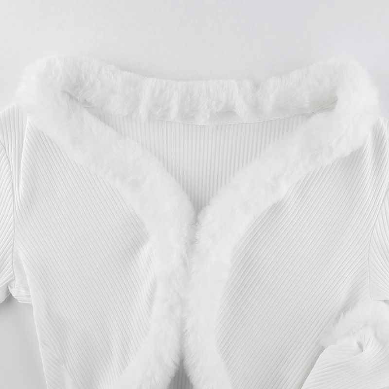 Cardigan corto a coste con scollo a V, in maglia sottile, con lacci e pelliccia, sexy, da donna, di alta qualità, autunno_voghion.com