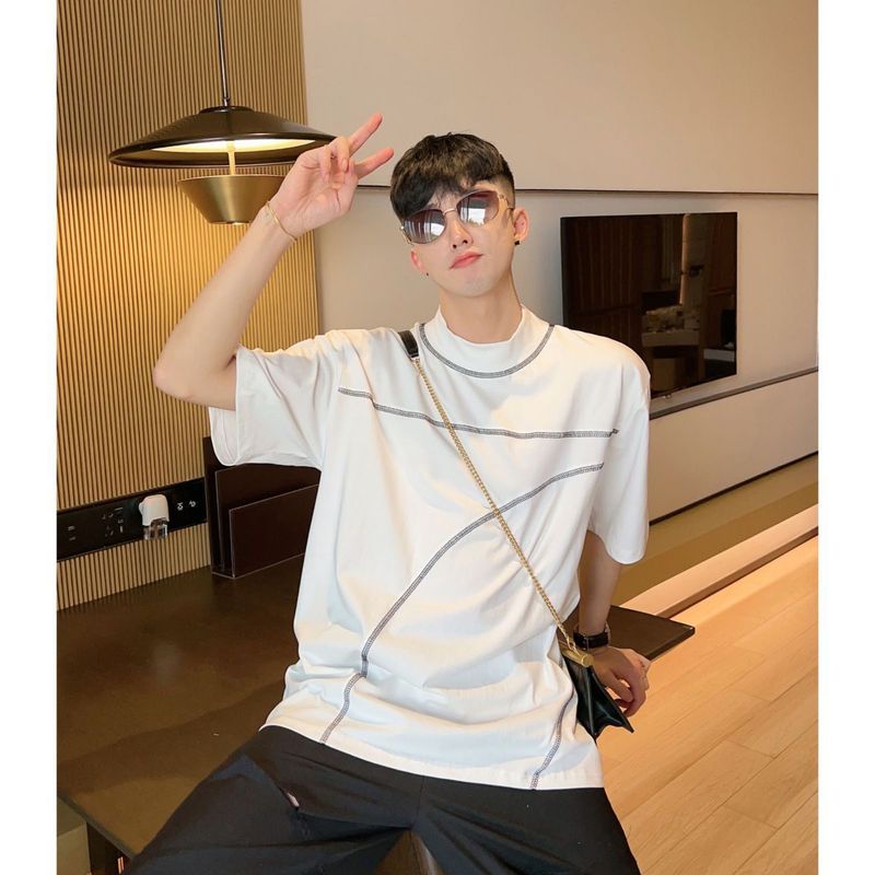 2024 New Bright Line Stehkragen Kurzarm-T-Shirt Herren Sommer Koreanische High-End Lose Reine Baumwolle Line Bottoming Shirt Tide T_voghion.com