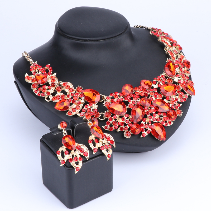 Set di bigiotteria da donna, da sposa, con strass, in cristallo, con collana di fiori e orecchini, per feste_voghion.com