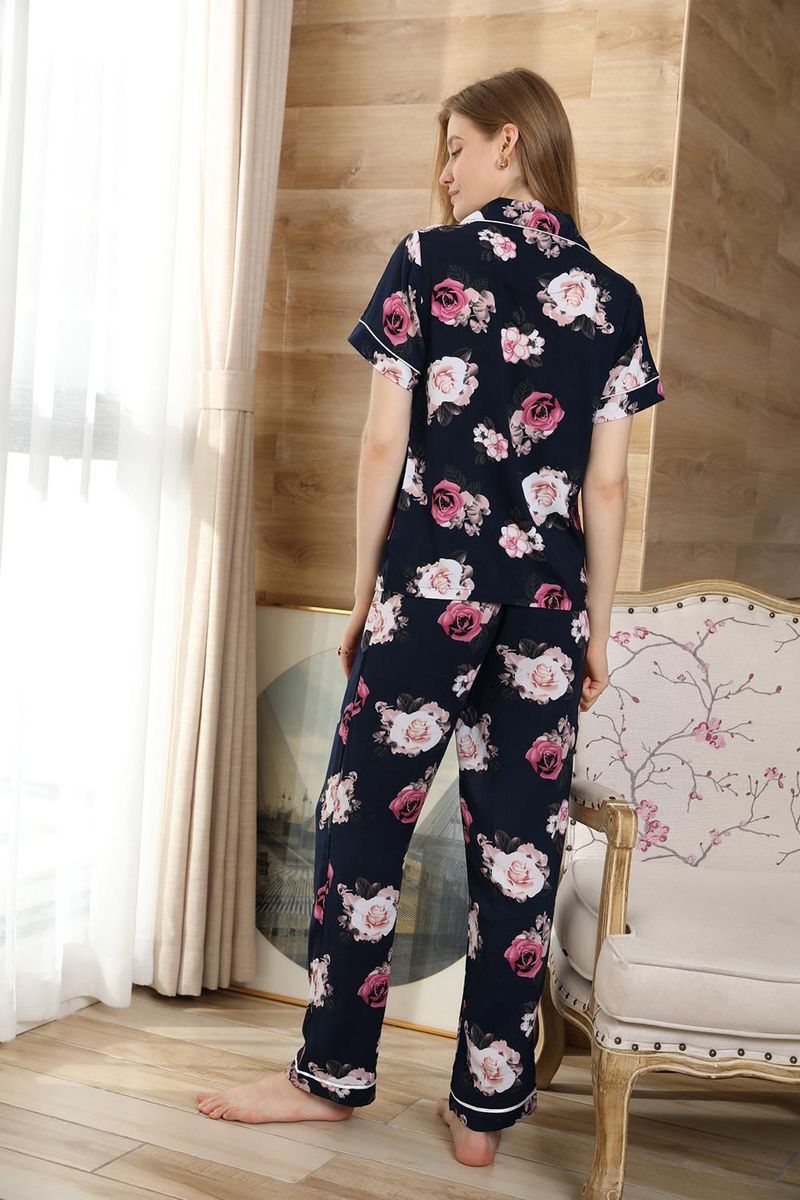 Pyjama Dames Zomer Plantenprint Korte Mouw Shirt Lange Broek Tweedelige Set Huiskleding Pamas_voghion.com