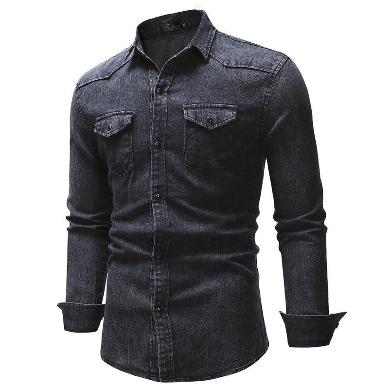2020 Frühlingsmode Vier Jahreszeiten Modell Doppeltasche Herren Casual Langarm Jeanshemd 3011_voghion.com
