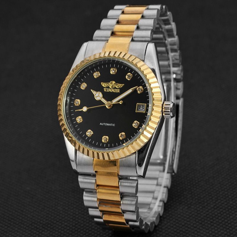 men's gold steel band business watch rhinbit band calendar through the bottom automatic manual mechanical watch_voghion.com