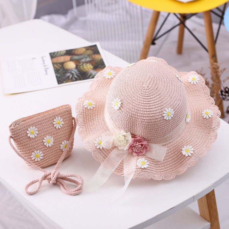 Vendita calda ragazze cappello di paglia per bambini estate spiaggia cappelli pieghevoli set carino berretto floscio misura regolabile con cinturino sotto il mento per 5-10 anni_voghion.com