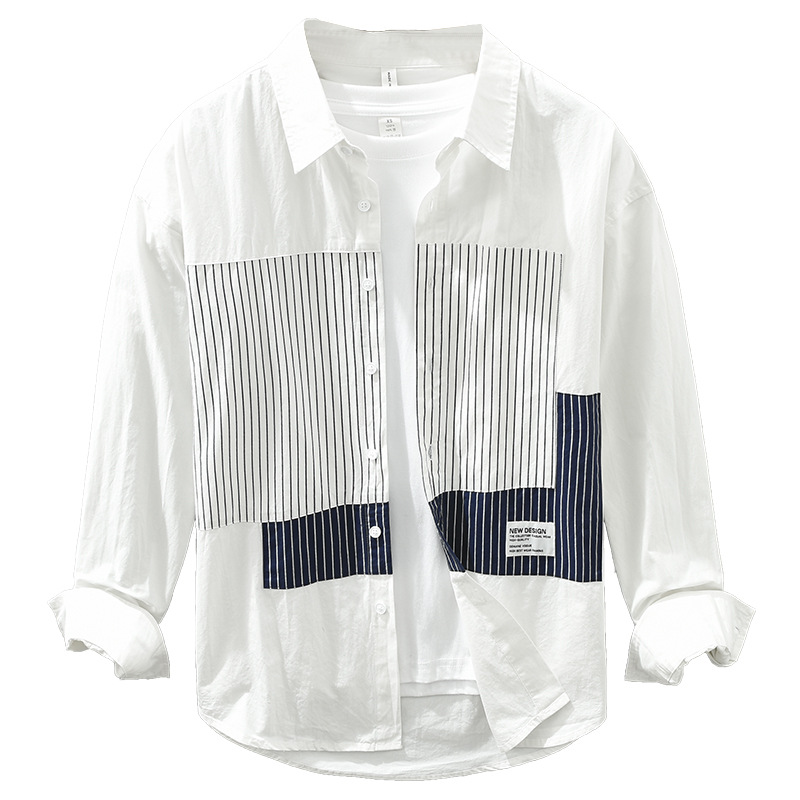 2128 heren gestreept overhemd met lange mouwen, Hong Kong-stijl, Japanse stijl, patchwork in contrasterende kleuren, trendy casual loszittend overhemd, uit één stuk_voghion.com