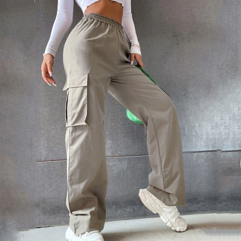 hot selling Womens Cargo Elastic High Waist Trousers Straight Joggers Outfits Baggy Wide Leg Sweatpants Oversized Pants_voghion.com