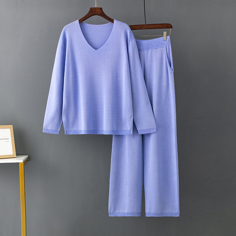 Set da donna in seta di ghiaccio tinta unita con scollo a V, set di due pezzi maglione casual sciolto a vita alta_voghion.com