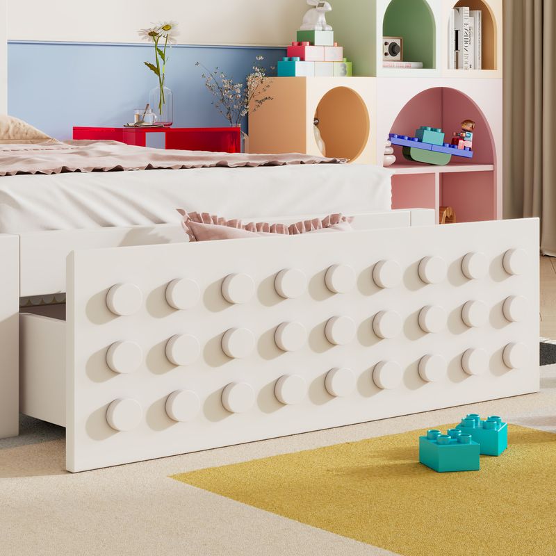 Holzbett 90x190cm Mit Blockdesign, Massivholz, Schubladen, Stauraum, Blanc_voghion.com