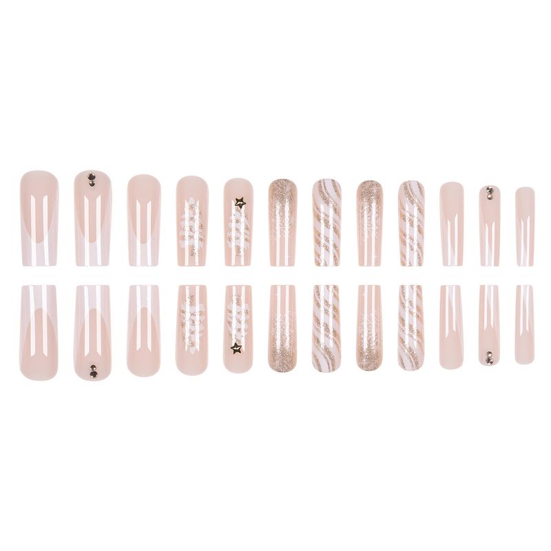 Unghie finte lunghe a pressione, albero di Natale invernale, stelle dorate, fiocchi di neve bianchi, unghie finte con colla/gel, stile Ins, unghie finte alla moda per le donne_voghion.com