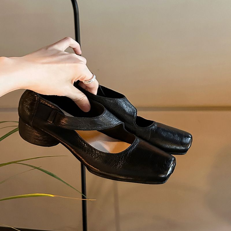 Grape Mom Studiolee End Texture Horse Square Head Grobe Ferse Weiches Gesicht Kleine Leder High Heels Einzelne Schuhe Damen_voghion.com