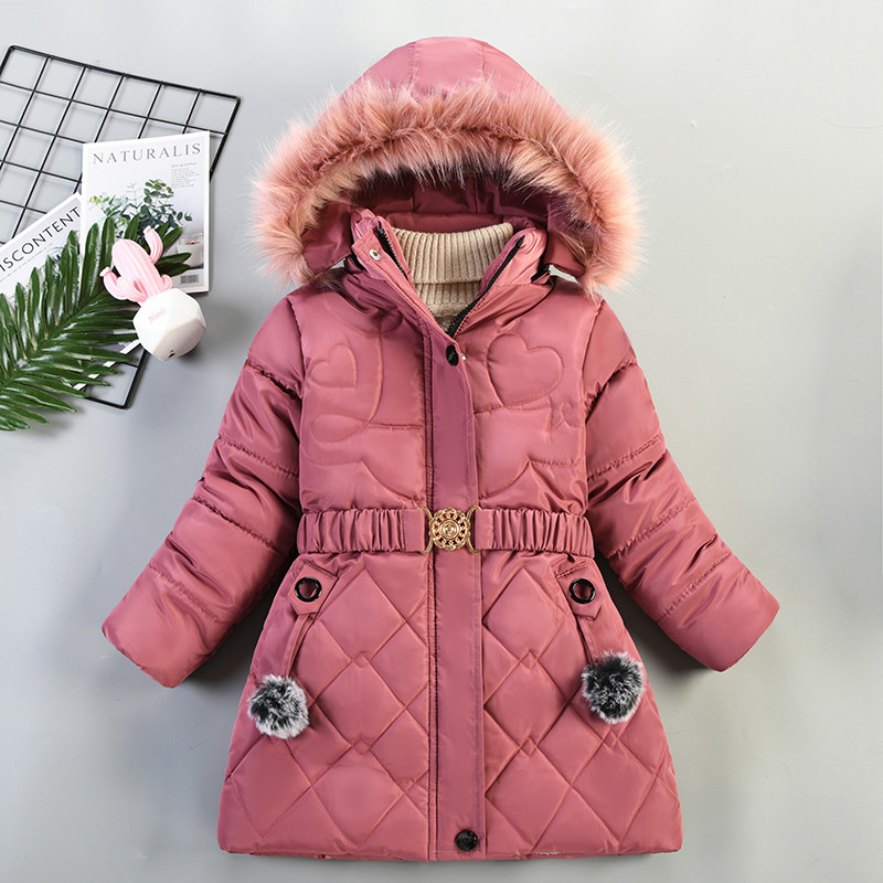 Winter Girl's Medium Long Cotton-padded Coat Coat Heart-shaped Diamond Pattern Cotton-padded Coat Fur Collar Hat Coat_voghion.com